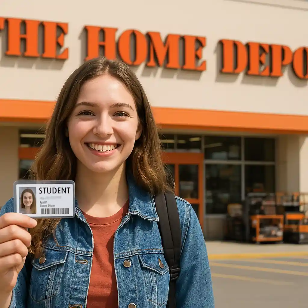 Student holding ID in front of a Home Depot store entrance