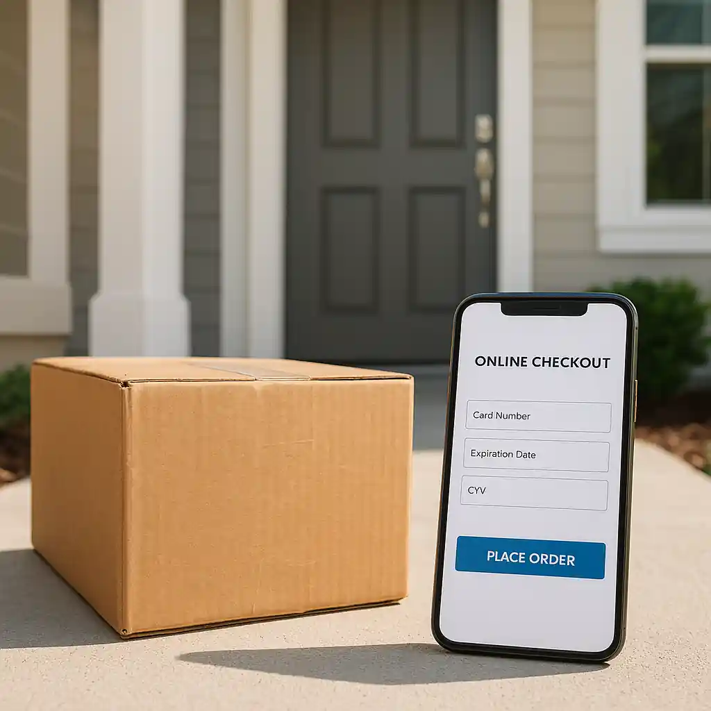 Smartphone showing Lowes checkout beside a delivery box displaying lowes coupon 10 applied