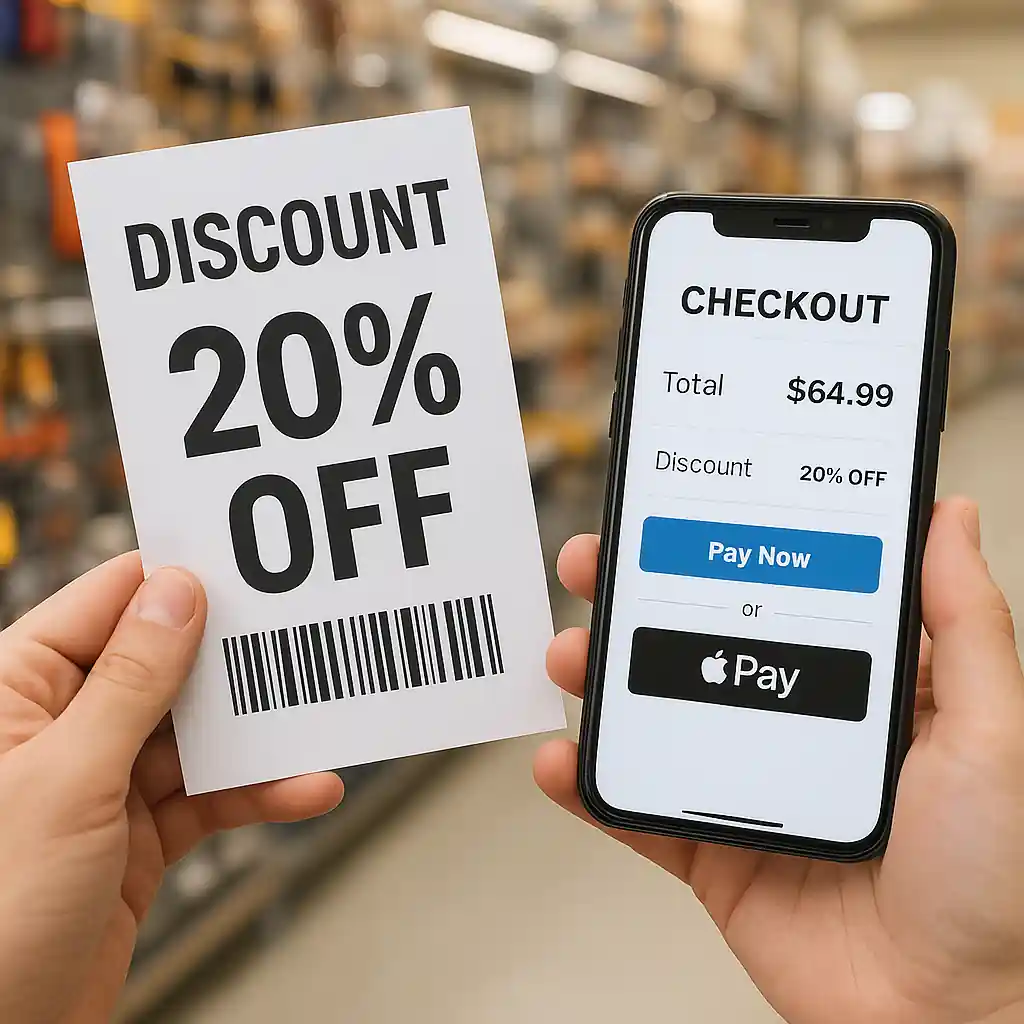 Person holding a 10 off Lowes coupon next to a smartphone showing a Lowe's checkout screen