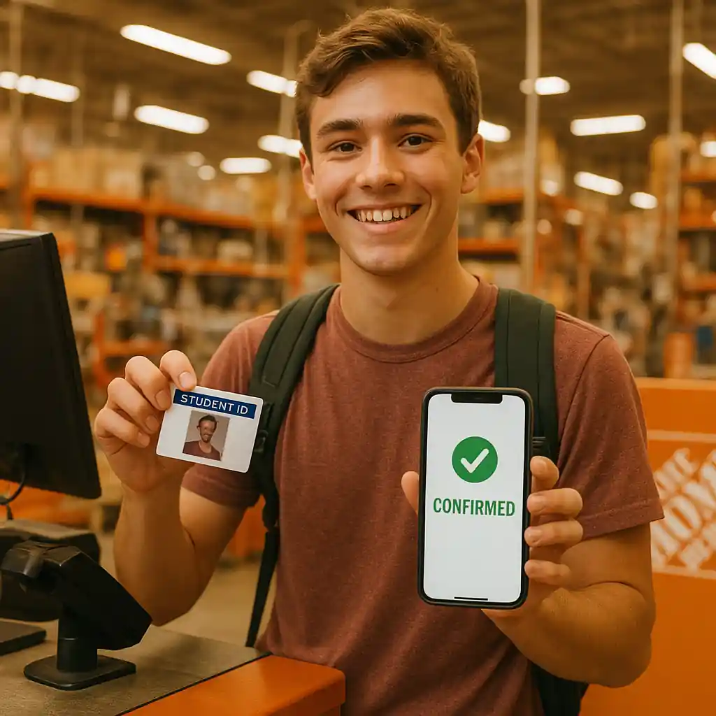 College student showing ID at a Home Depot counter to verify a Home Depot student discount