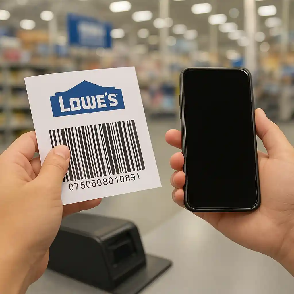 Person holding a printed lowes coupon 10 barcode next to a smartphone at a Lowe's checkout