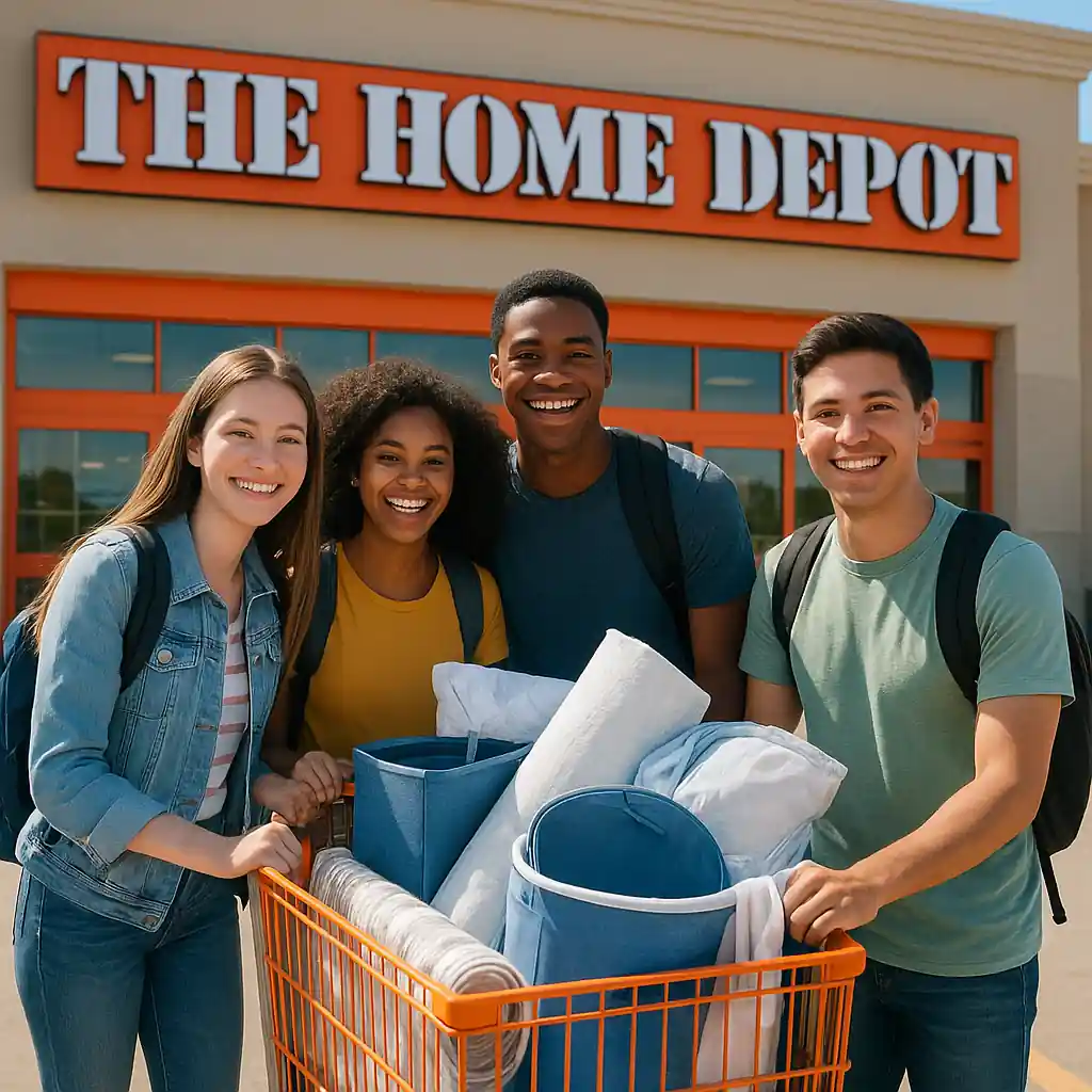 College students pushing a Home Depot cart with dorm supplies in front of a Home Depot store entrance