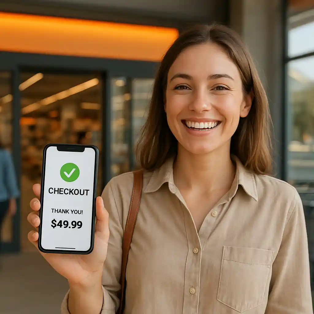 Shopper viewing checkout on phone at Home Depot entrance with cart