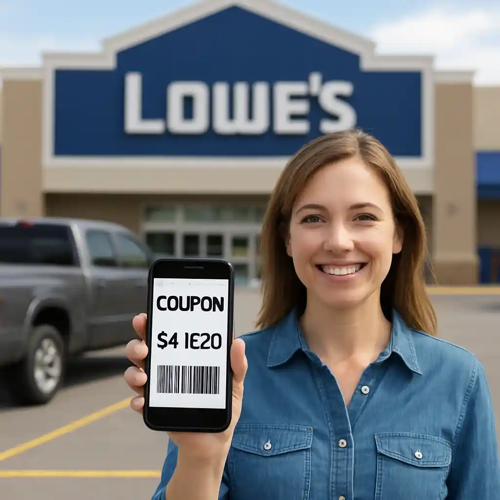 Shopper displaying a 10 off Lowes coupon on a smartphone in a Lowe's parking lot