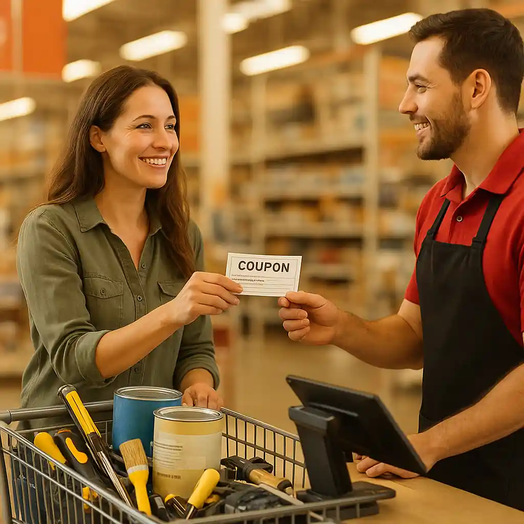 Shopper presenting a lowes coupon 10 at a Lowe's register with small tools and paint in shopping cart