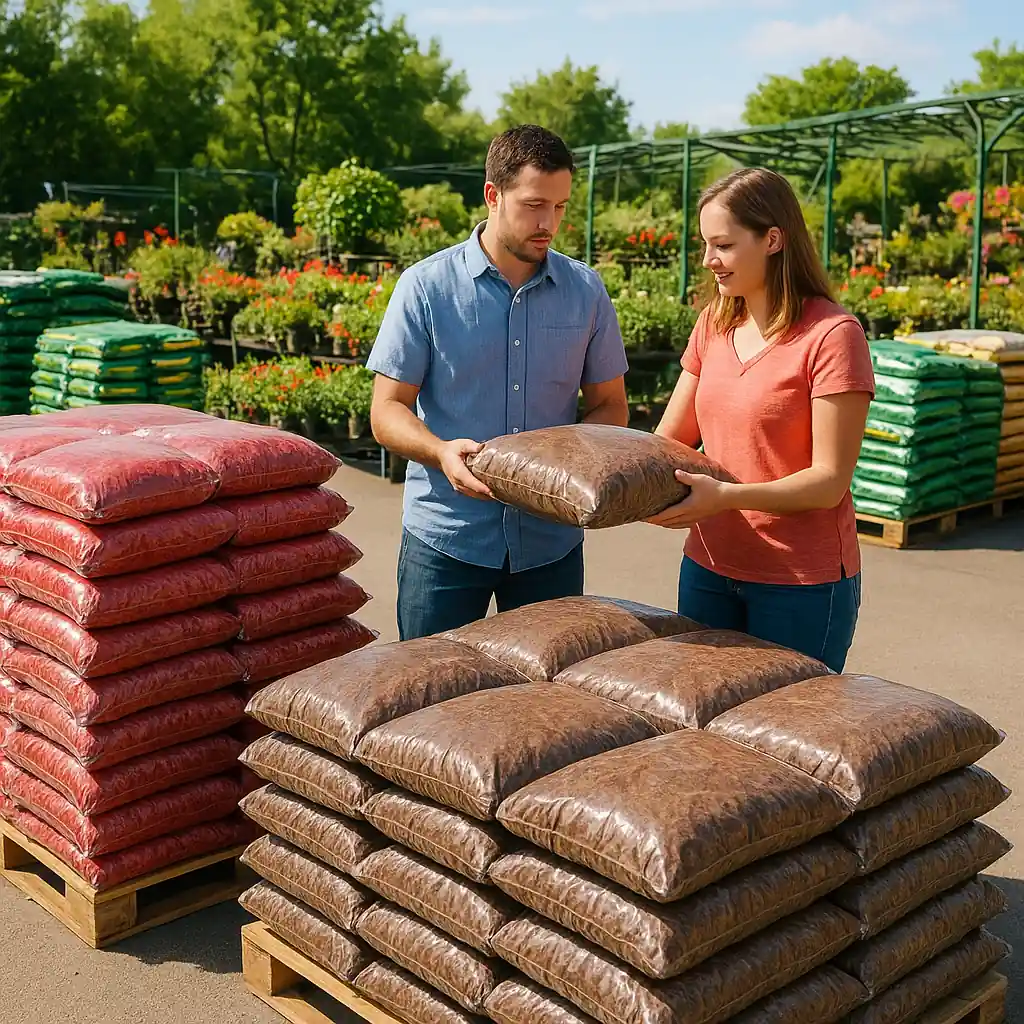 Stacks of Home Depot mulch bags on pallets with shoppers inspecting bags during a sale