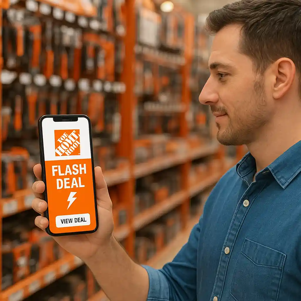 Shopper viewing a Home Depot deal notification on phone in a tool aisle
