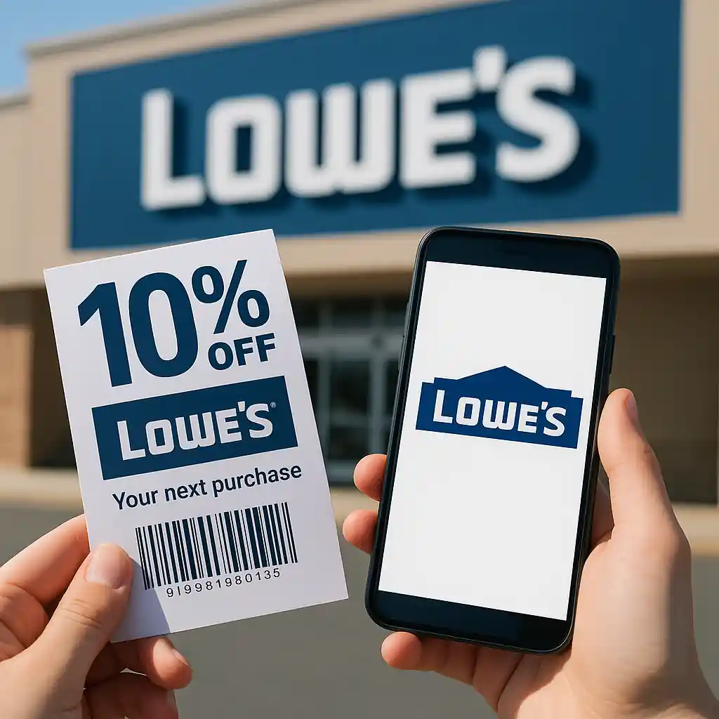 Shopper holding a printed 10 off Lowes coupon and smartphone outside a Lowe's store entrance