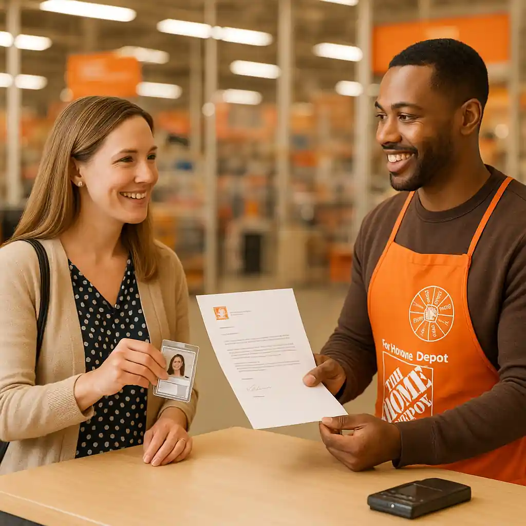 Teacher handing school ID at Home Depot counter for educator verification