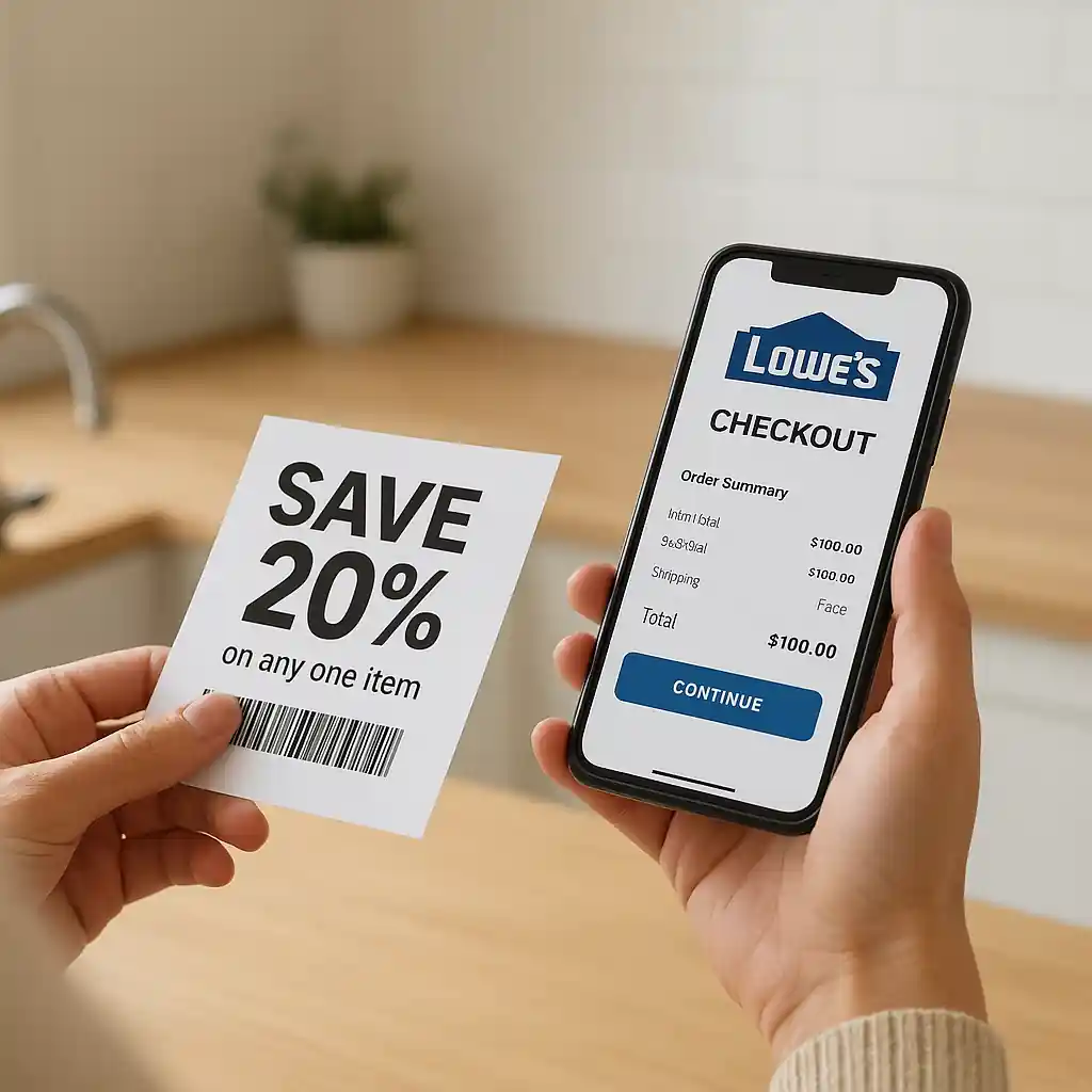 Shopper holding a printed coupon and smartphone showing Lowe's checkout screen