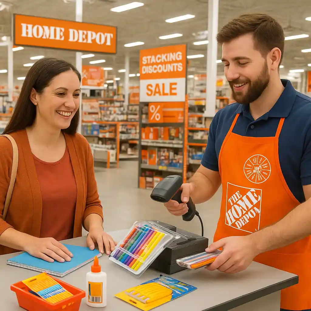 Teacher at Home Depot checkout scanning classroom supplies, smiling while staff applies educator discount