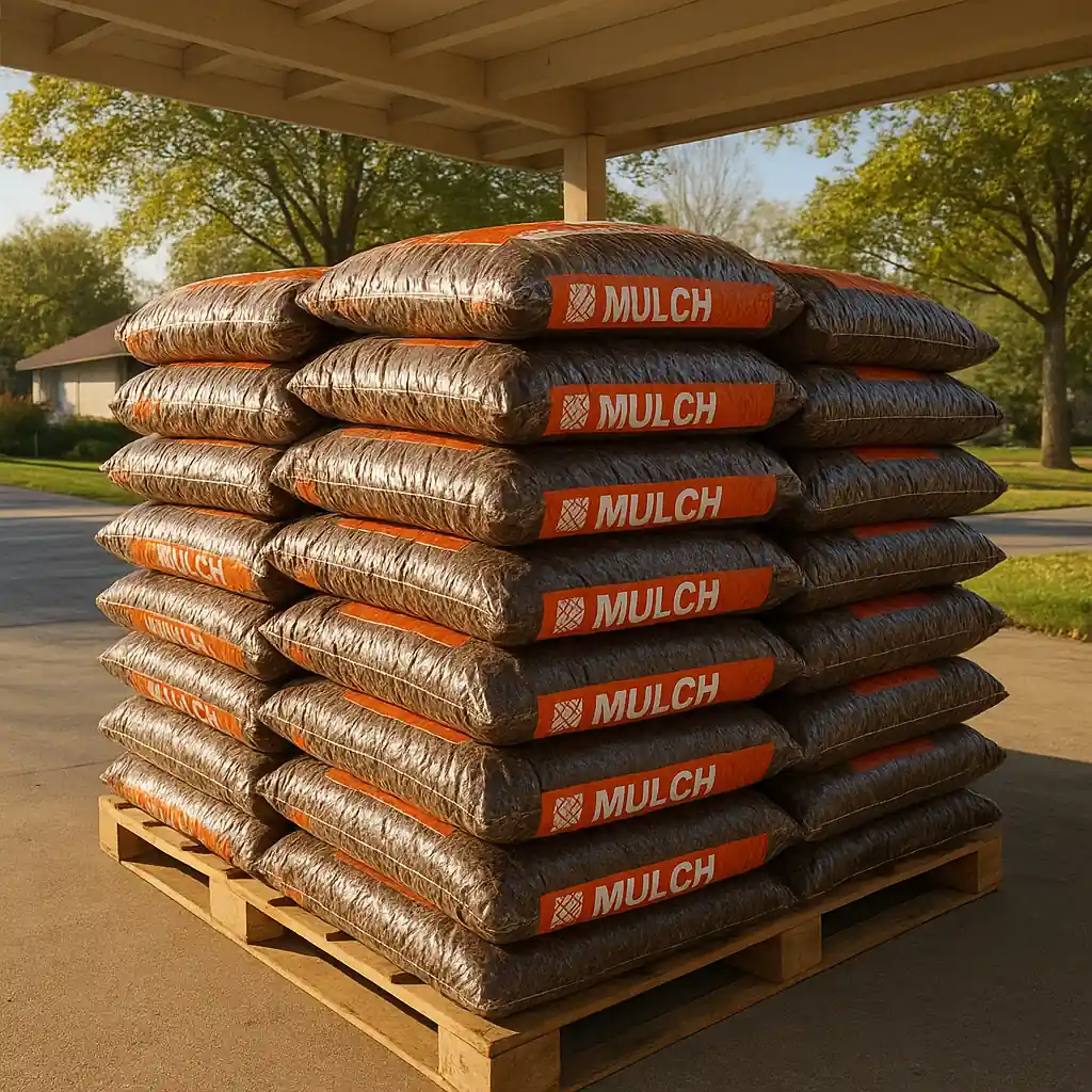 Stacked Home Depot mulch bags on pallets under a covered carport, ready for storage