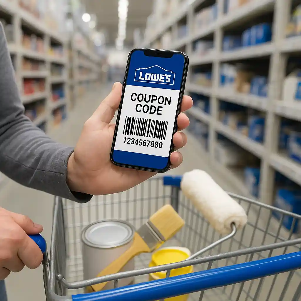 Shopper verifying online coupon lowes on smartphone in Lowe's aisle