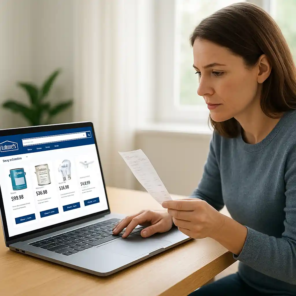 Homeowner comparing Lowe's prices on a laptop next to a receipt