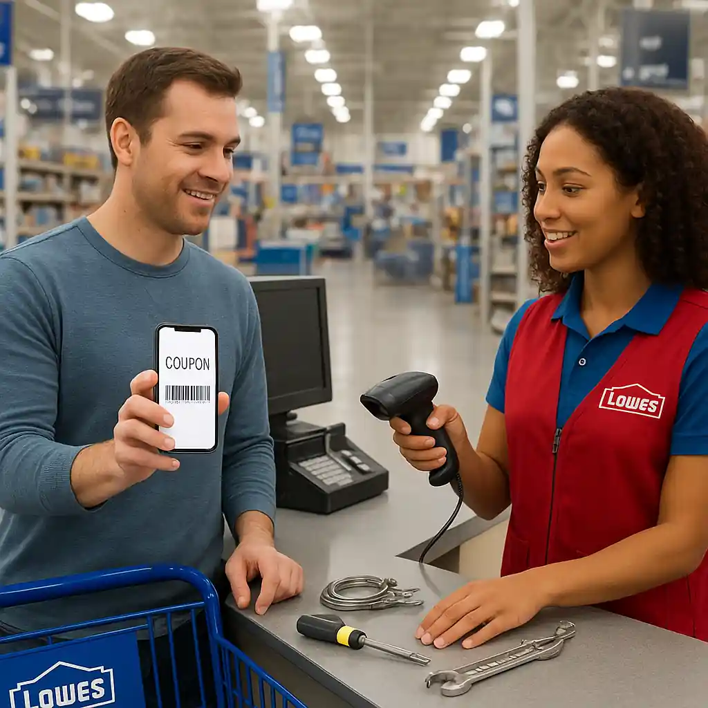 Shopper holding phone showing coupon at Lowe's checkout counter with hardware items