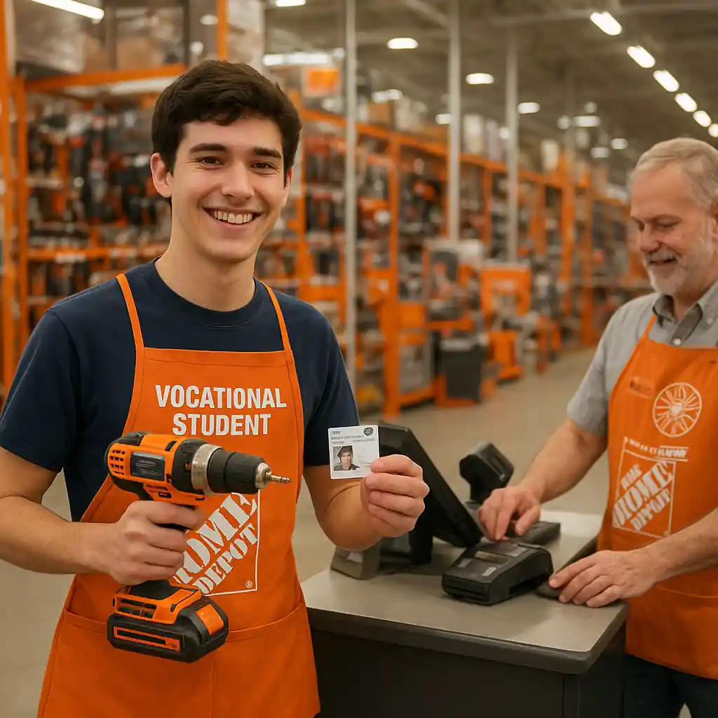 Student at Home Depot checkout holding a drill and ID, illustrating Home Depot student discount verification
