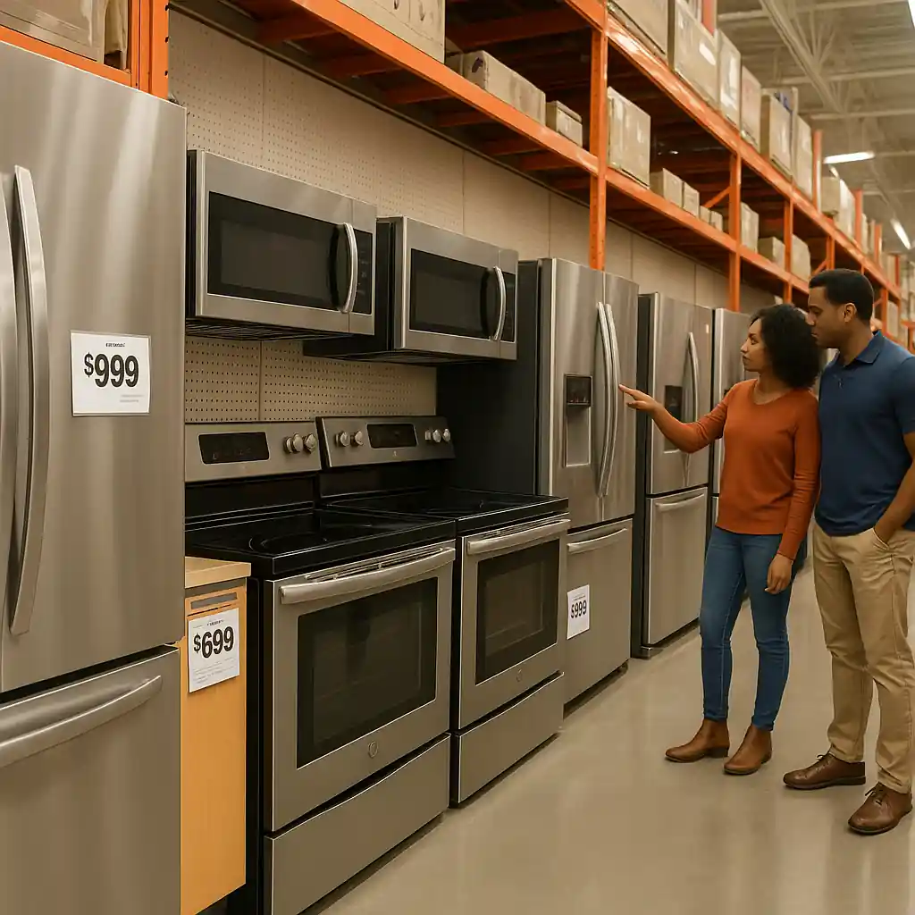 Row of stainless steel kitchen appliances on display in a store aisle with visible price tags