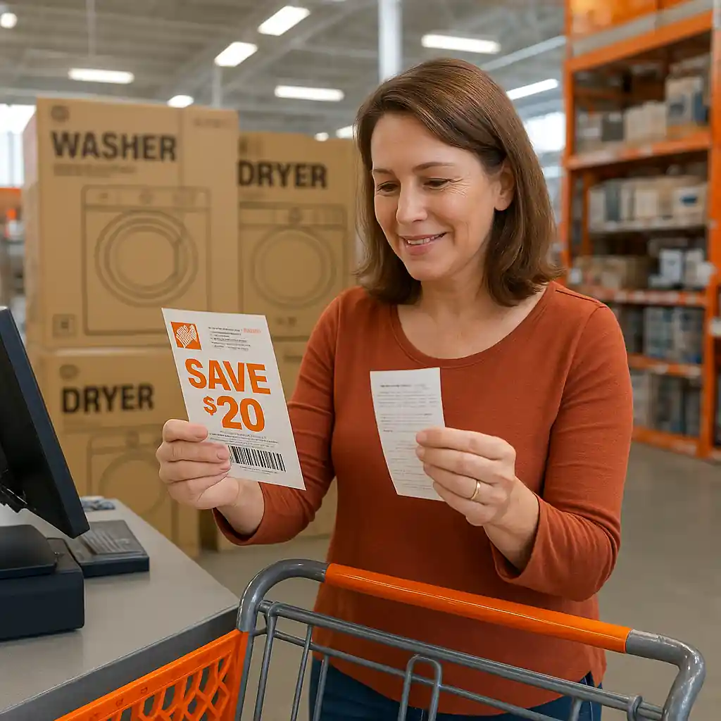 Shopper presenting a printed coupon at a Home Depot register with large appliance boxes nearby