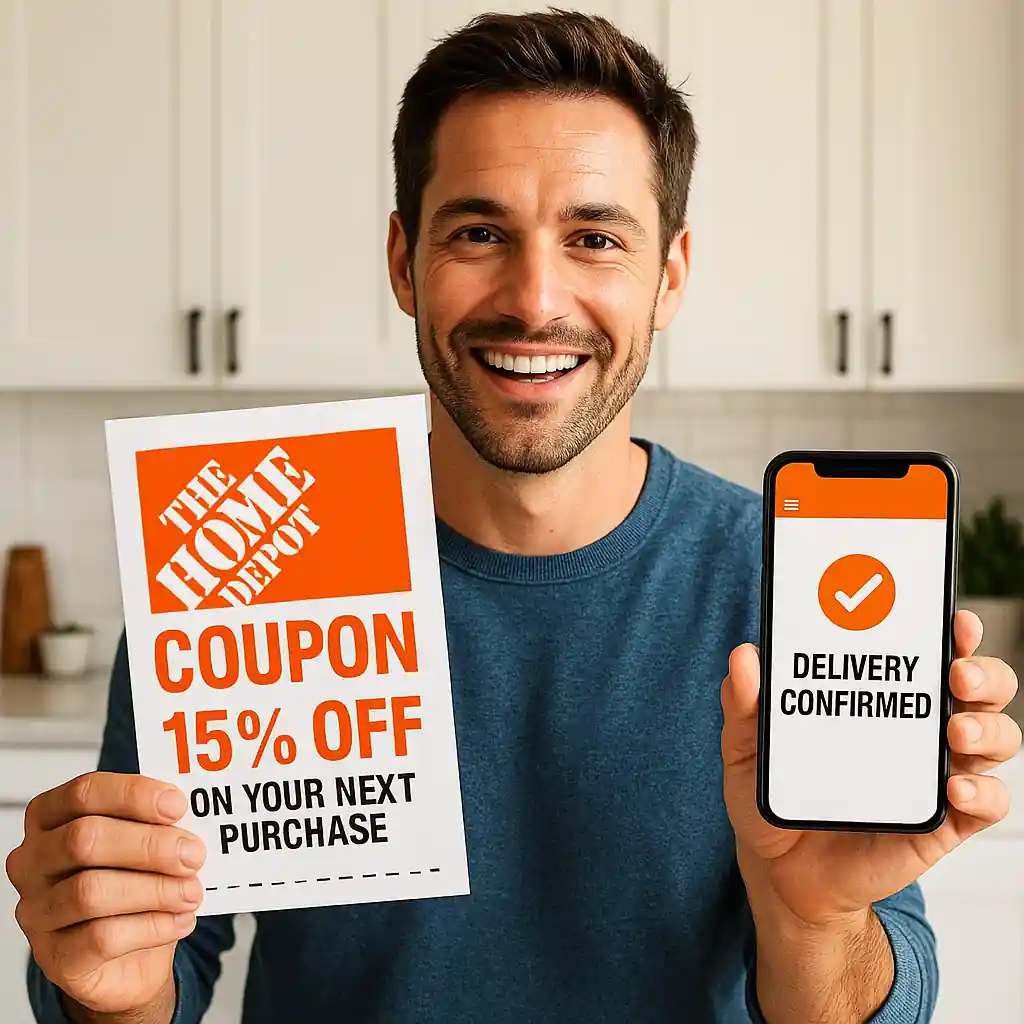 Homeowner holding a printed coupon next to a phone showing Home Depot delivery confirmation