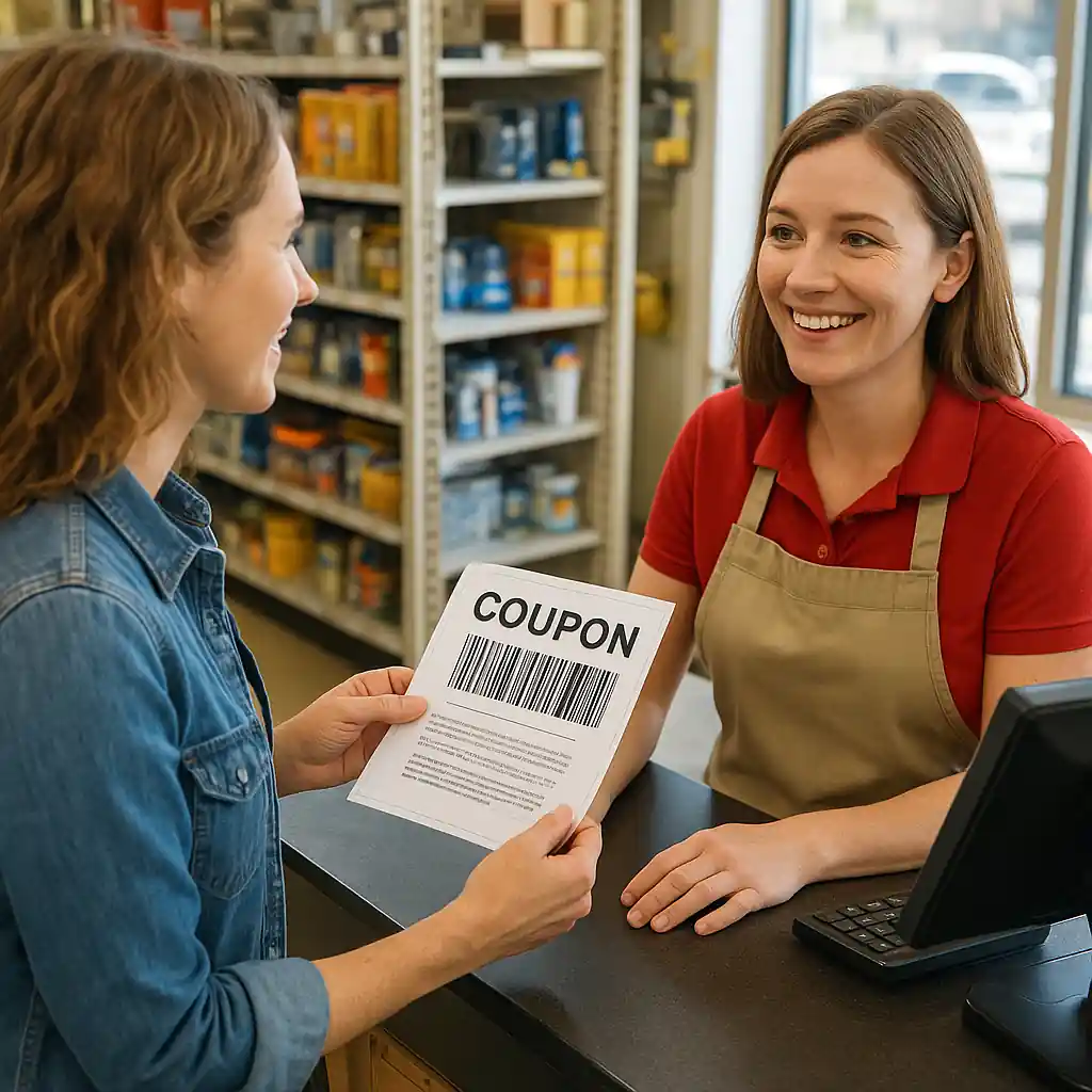 Shopper holding a printed coupon with barcode at a Home Depot style checkout counter