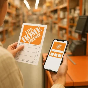 Shopper holding a printed 20 percent off home depot coupon printable next to a smartphone showing the Home Depot app at a store register