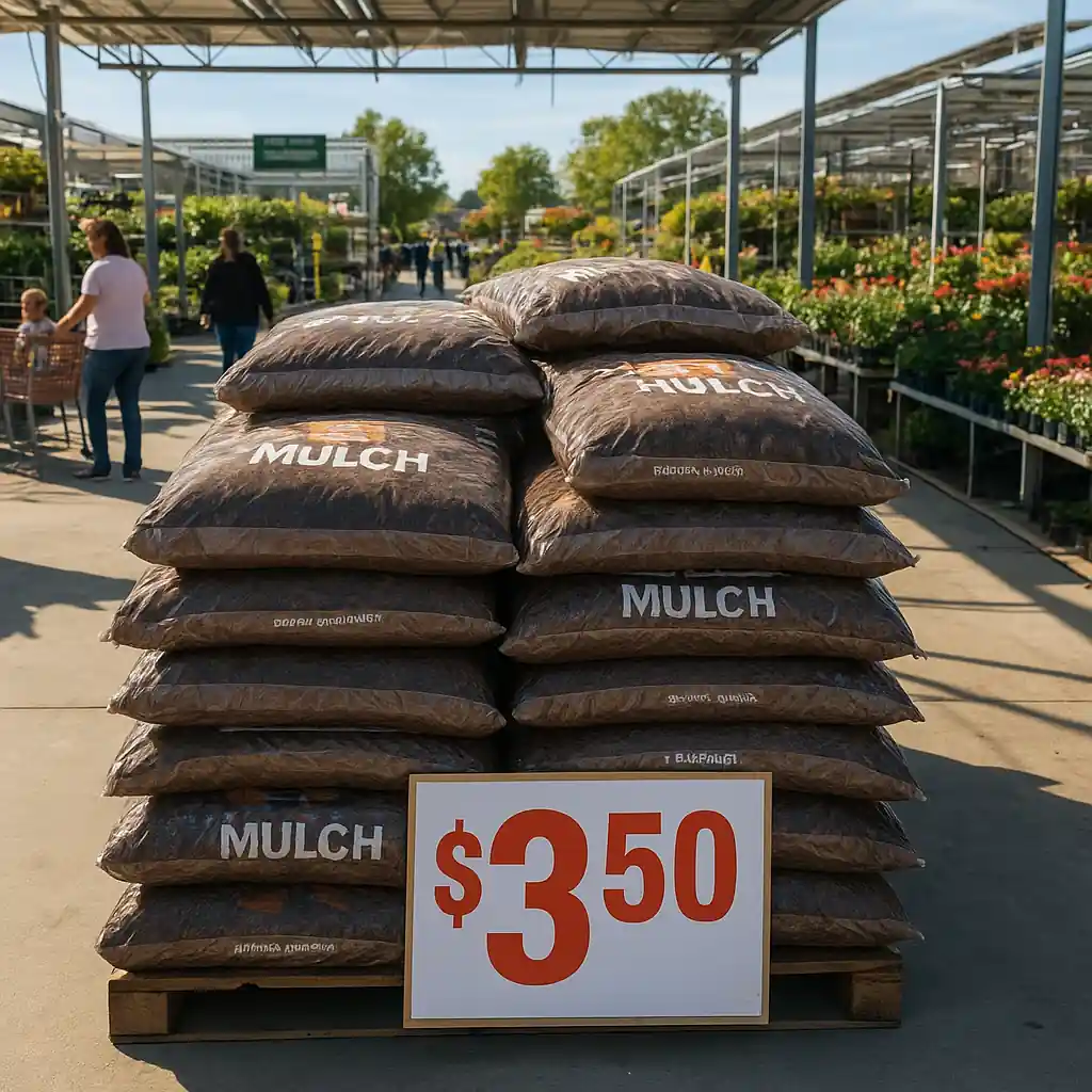 Stacked mulch bags on sale in a Home Depot garden center with sale signs and shoppers