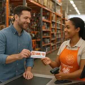 Shopper presenting coupon at Home Depot checkout counter for in-store discount
