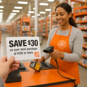 Customer holding printable coupon at checkout showing barcode and Home Depot register