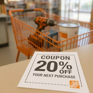 Printed 20 percent off Home Depot coupon printable beside a cart with paint and tools at a checkout counter