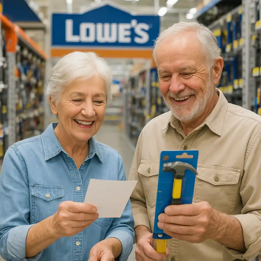 Senior couple comparing prices at a Lowe's aisle representing lowes discount for seniors