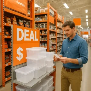 Customer holding a receipt in front of a Home Depot deal display with boxed products on shelves