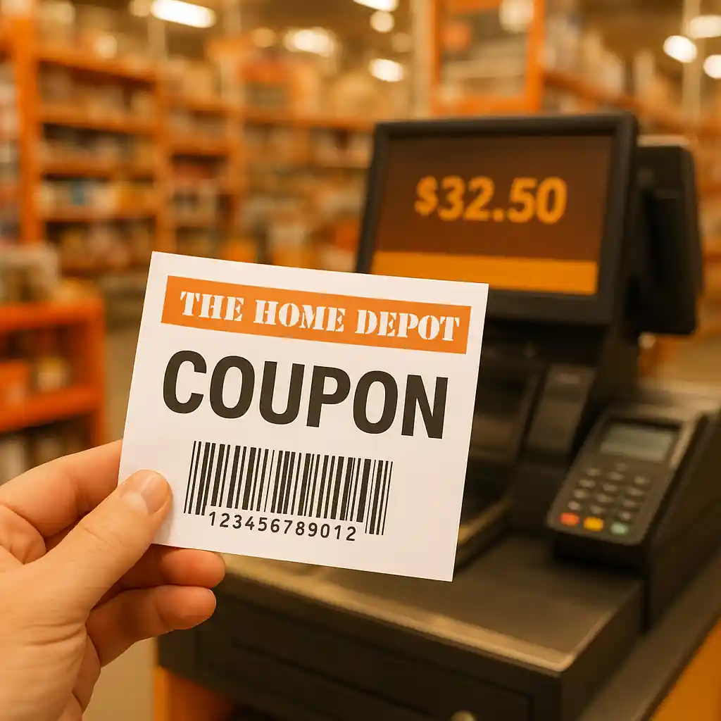 Shopper holding a printed coupon with barcode at a retail checkout