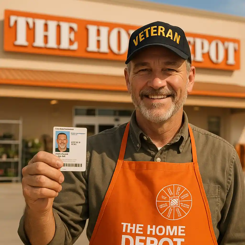 Veteran holding ID outside Home Depot store ready to verify for a veterans discount