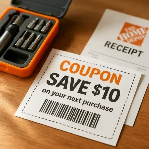 Printed 20 percent off Home Depot coupon printable on a wooden counter beside a receipt and toolkit