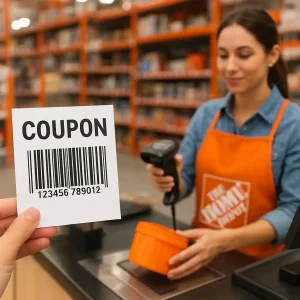 Shopper holding printed 20 percent off Home Depot coupon at checkout being scanned