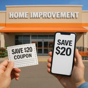Shopper holding a printed 20 percent off Home Depot coupon at store pickup counter