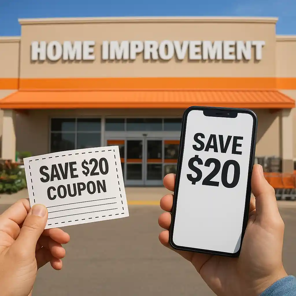 Shopper holding a printed 20 percent off Home Depot coupon at store pickup counter