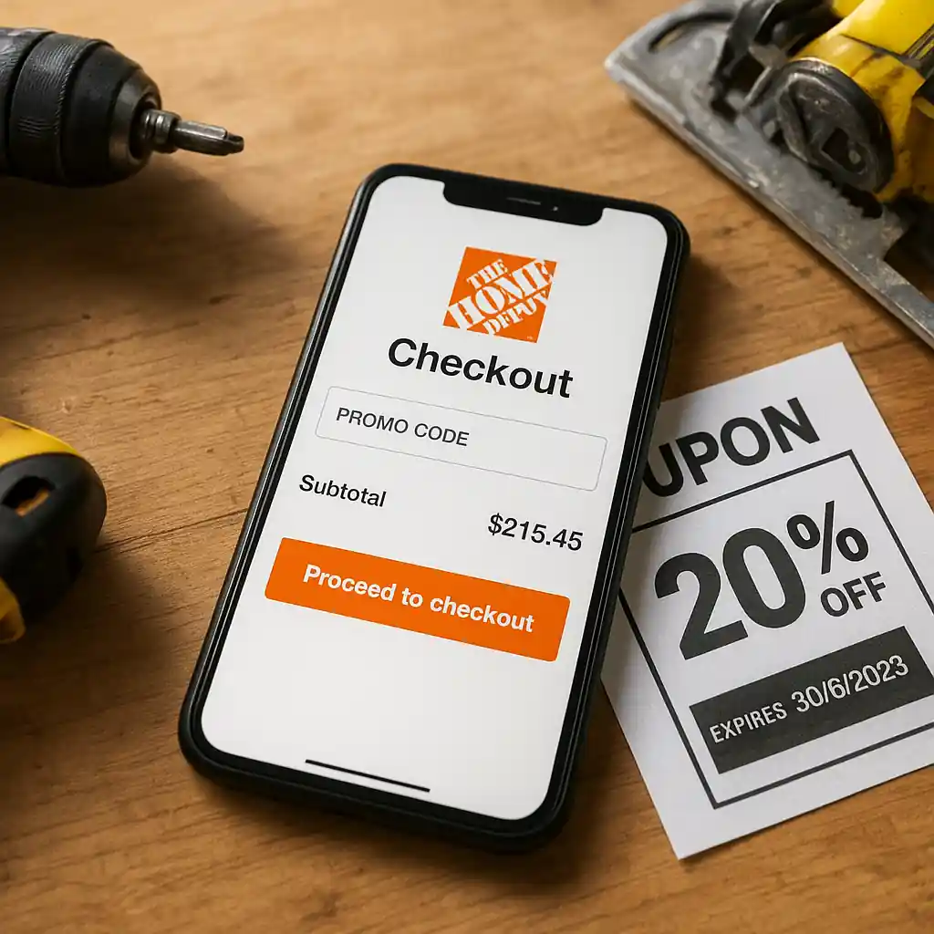 smartphone showing Home Depot promo code field on checkout page with tools on a workbench