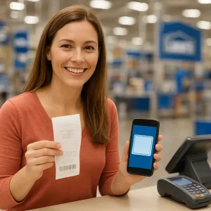 Shopper at checkout holding receipt and phone showing coupon details including lowes coupon 10 concept