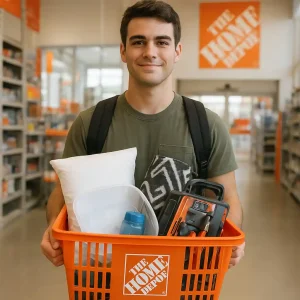 Student shopping at Home Depot holding a basket of dorm essentials and tools