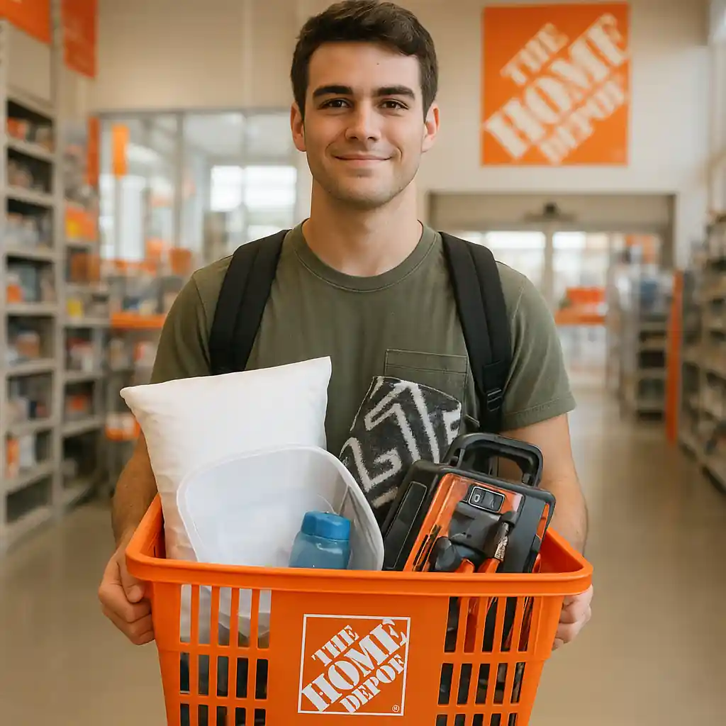 Student shopping at Home Depot holding a basket of dorm essentials and tools