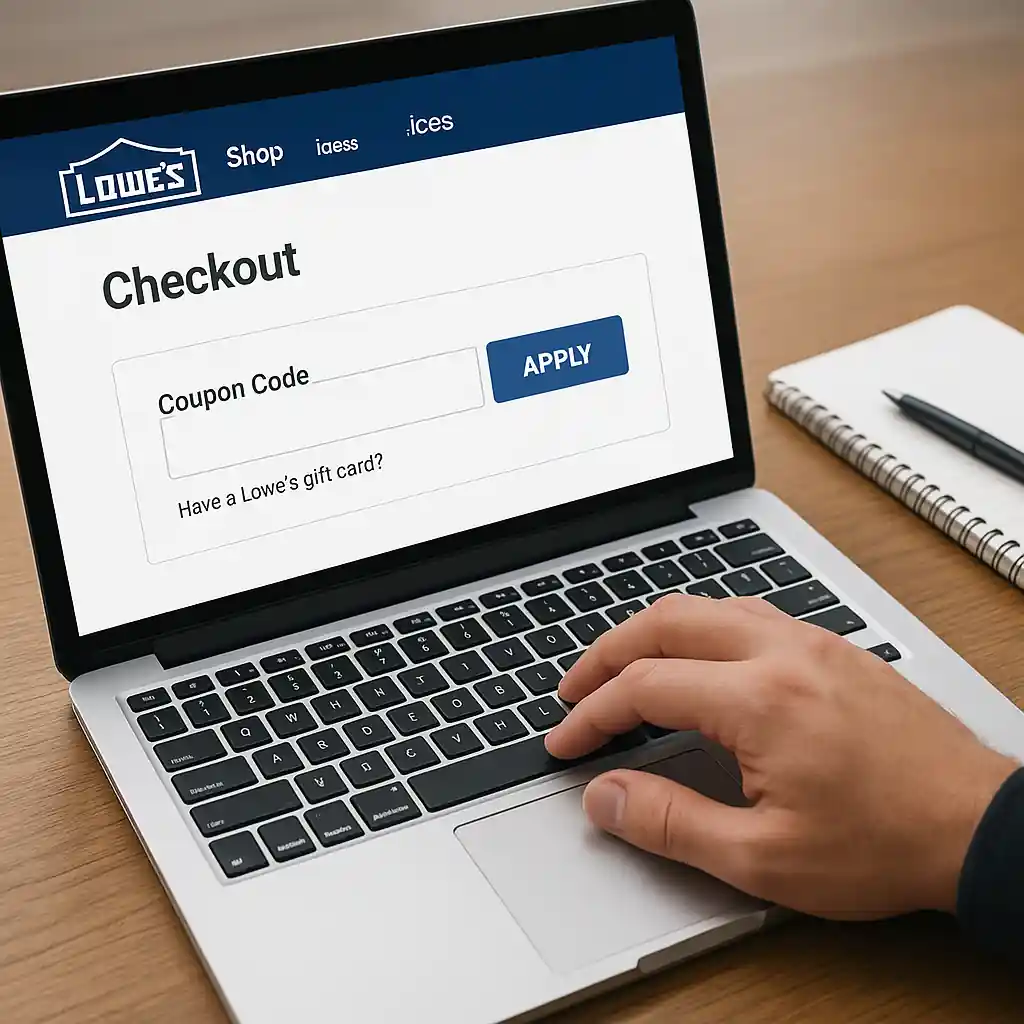 Laptop checkout screen showing coupon field and shopper typing