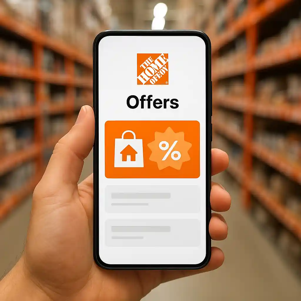 Smartphone displaying Home Depot app offers banner inside a hardware store aisle