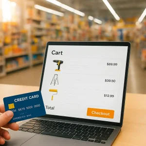 Lowe's checkout with cart view and credit card near laptop showing price comparison
