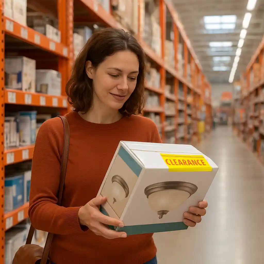 Shopper examining a clearance light fixture in a big-box hardware aisle