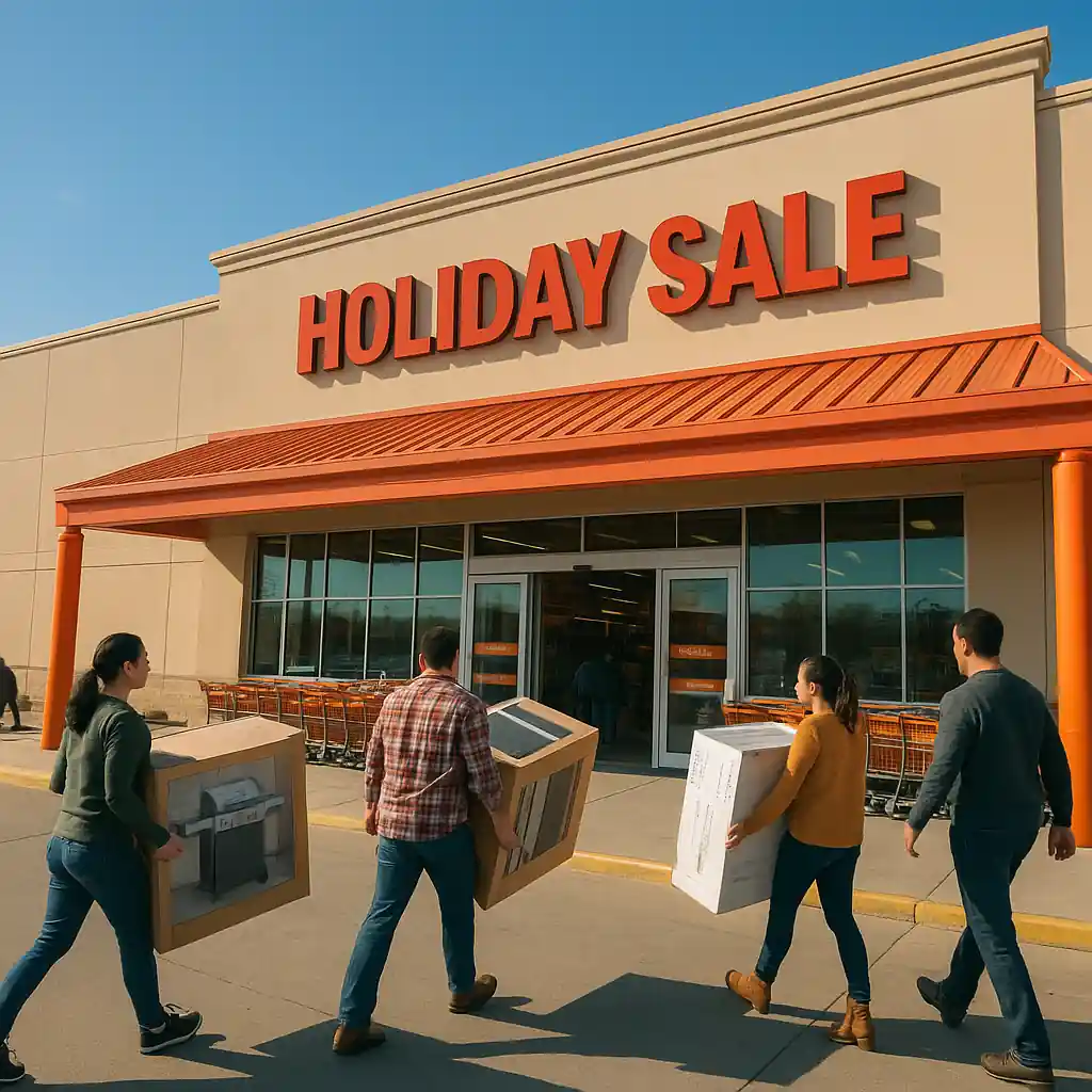 Shoppers loading boxed grills and appliances during a Memorial Day sale at a big-box home improvement store