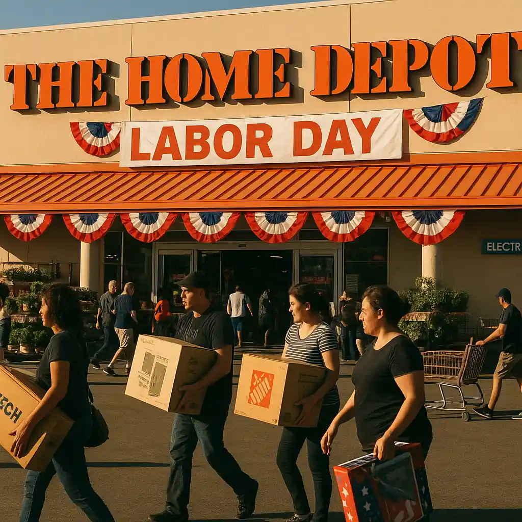 Shoppers leaving a Home Depot store carrying boxed appliances and patio items