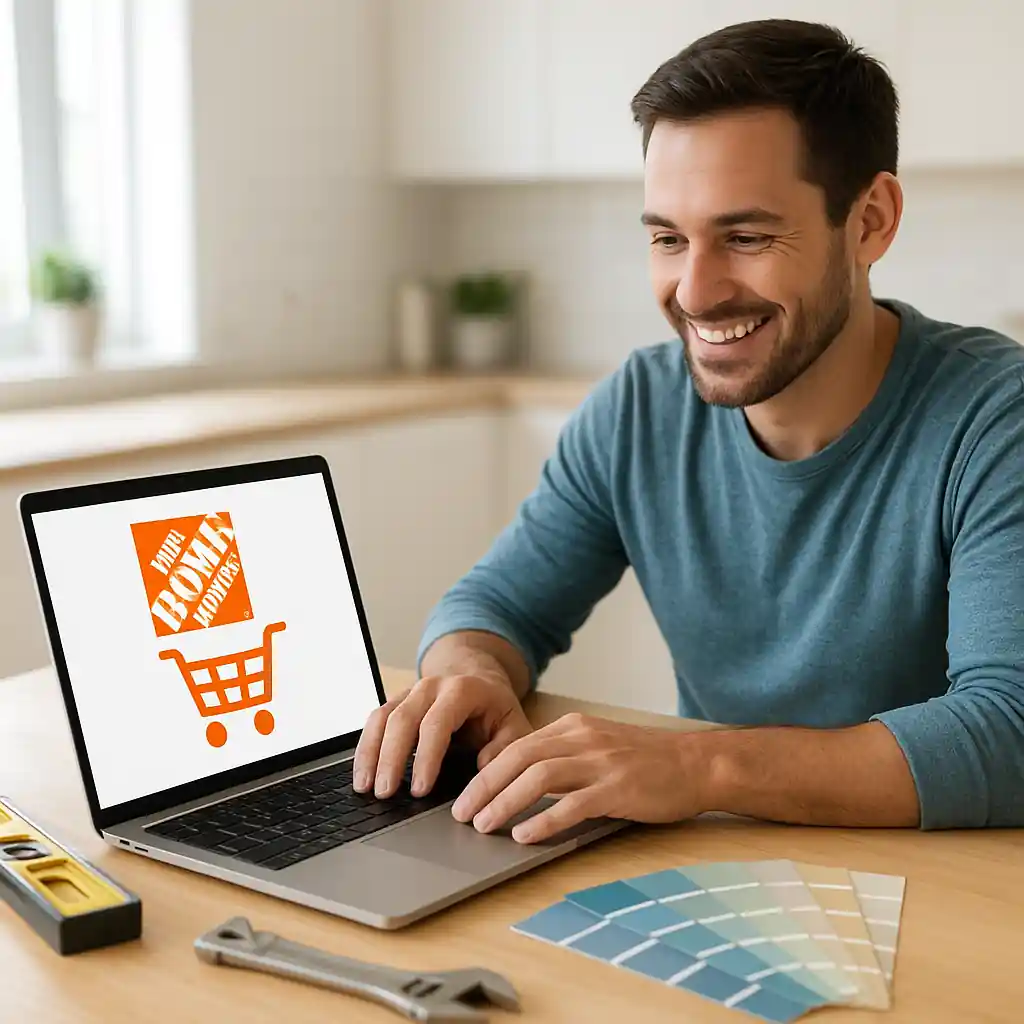 Homeowner checking a Home Depot promo code on a laptop beside tools