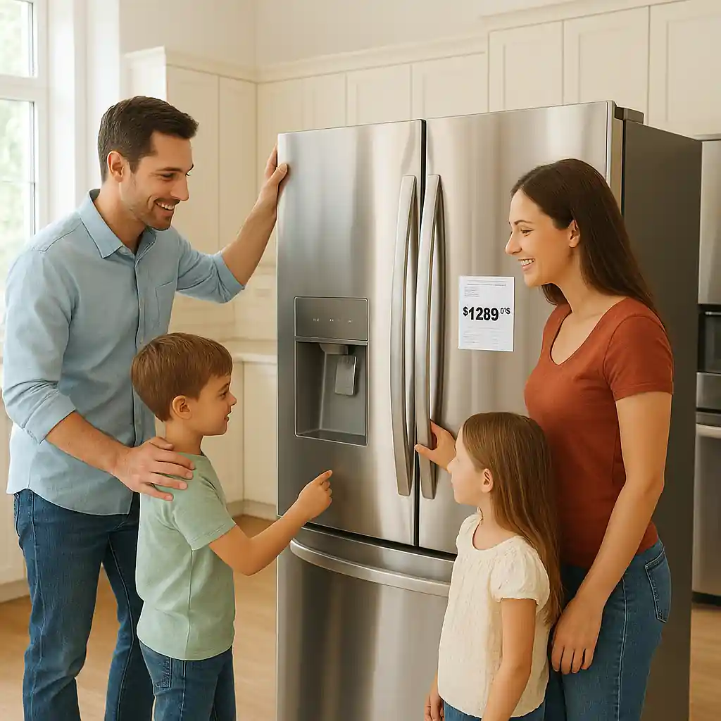 Shoppers comparing a stainless steel refrigerator in a showroom, representing Home Depot appliance discount options