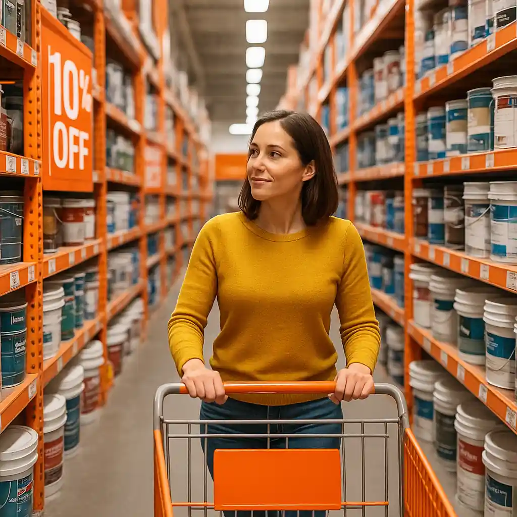 Shopper pushing a cart loaded with paint cans and seeing discount signage in a store aisle